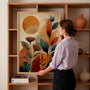 abstract boho wall art with botanical leaves and warm earthy colors for cozy modern interiors