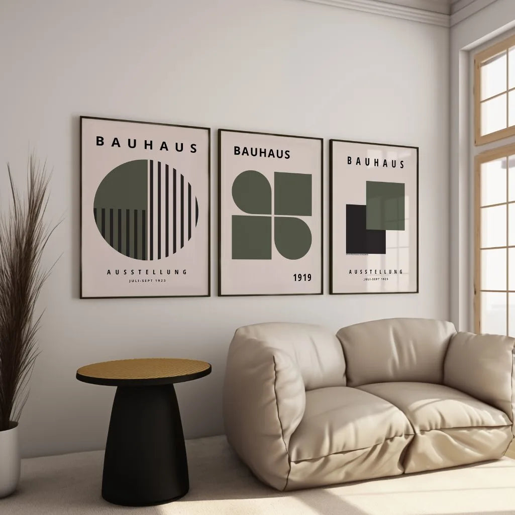 bauhaus wall art set of 3 in contemporary office workspace