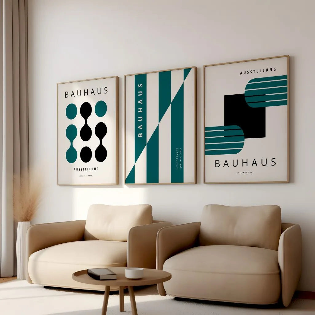 turquoise and green bauhaus poster set in calm modern bedroom interior