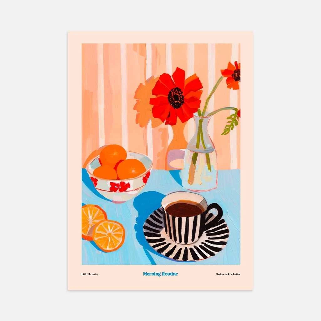 modern still life poster with coffee fruit and flowers composition