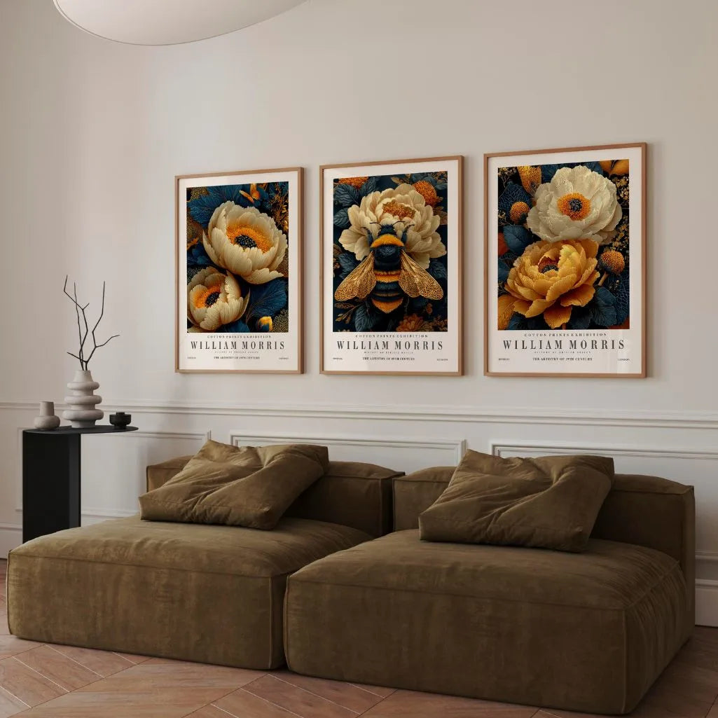 William Morris floral bee poster set in arts and crafts style for luxury home decor