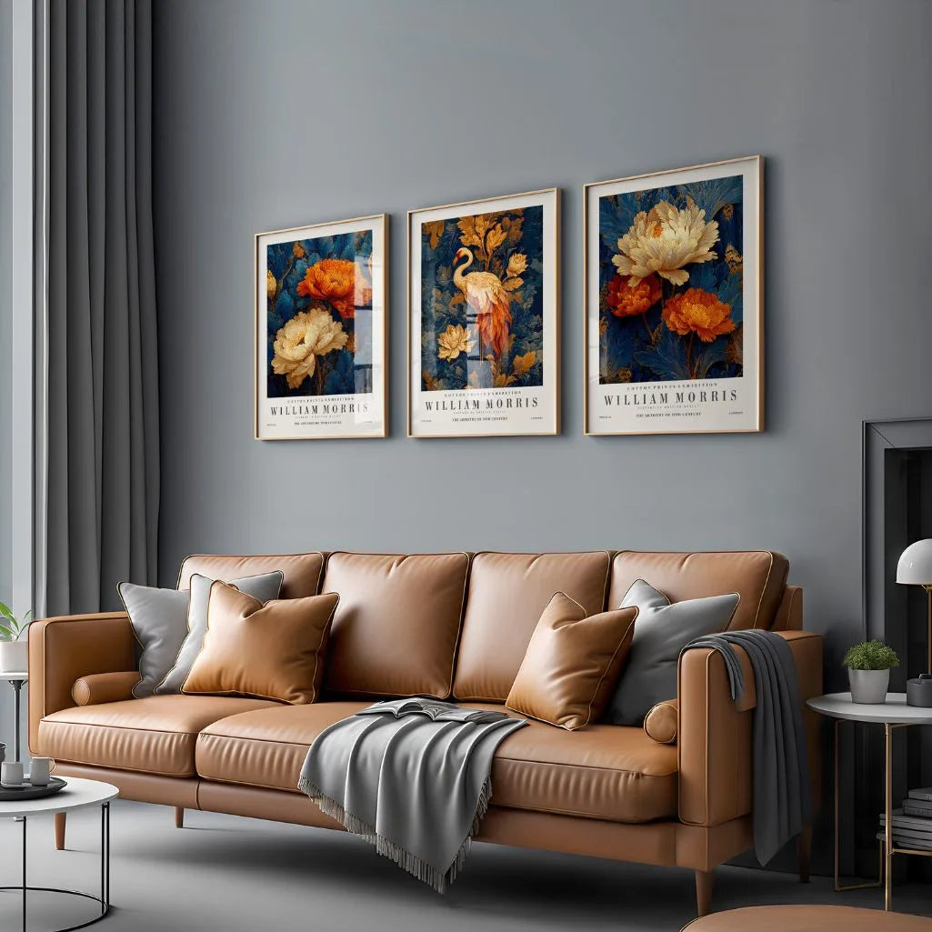 William Morris crane poster set with flowers in gold and blue luxury botanical decor