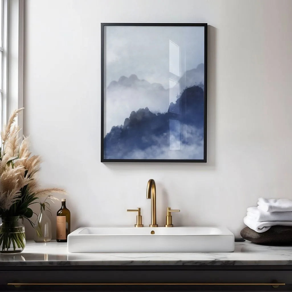 Blue mountain mist poster styled in calm minimalist bedroom interior