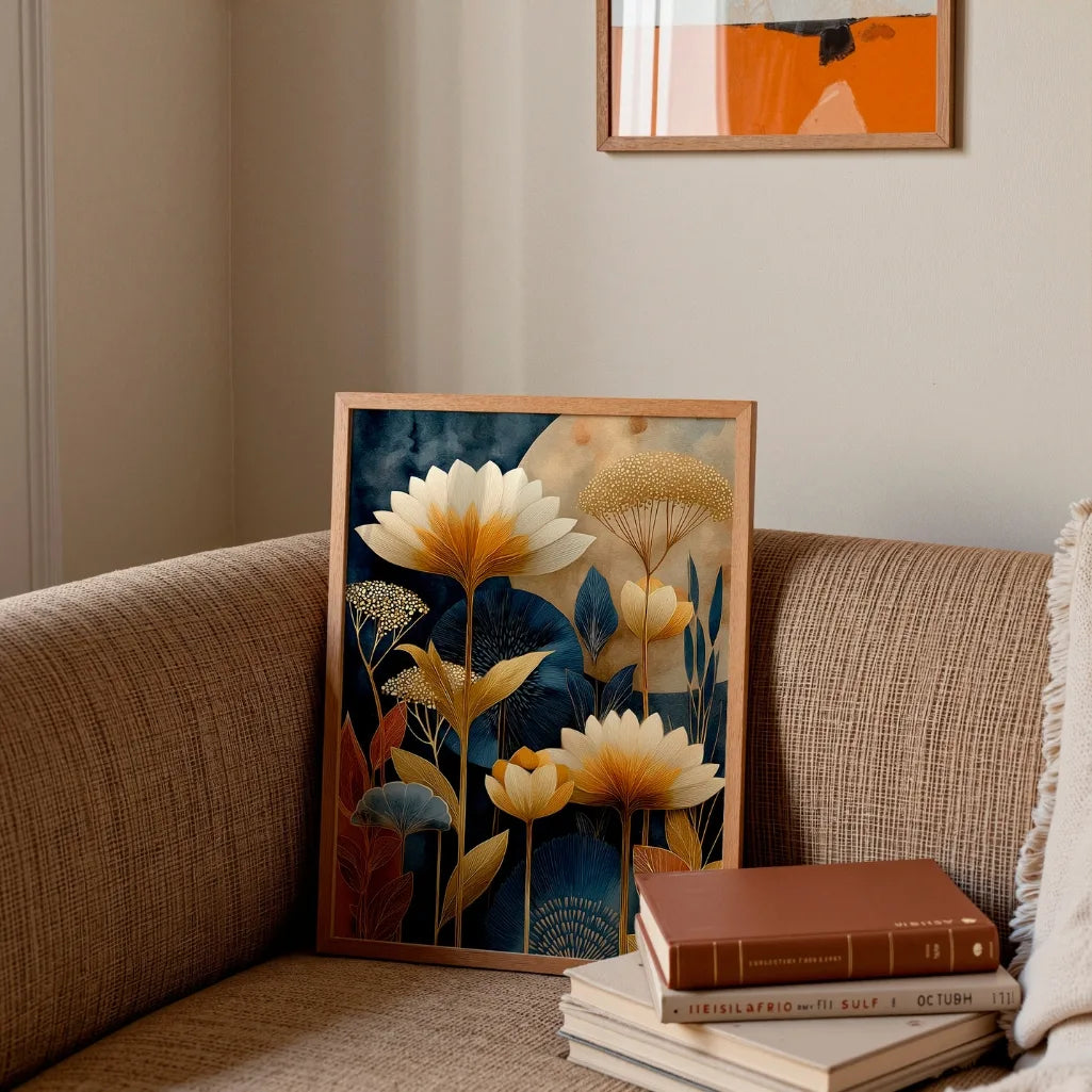 Navy blue and gold floral poster displayed in a modern living room, botanical wall art with elegant flower design