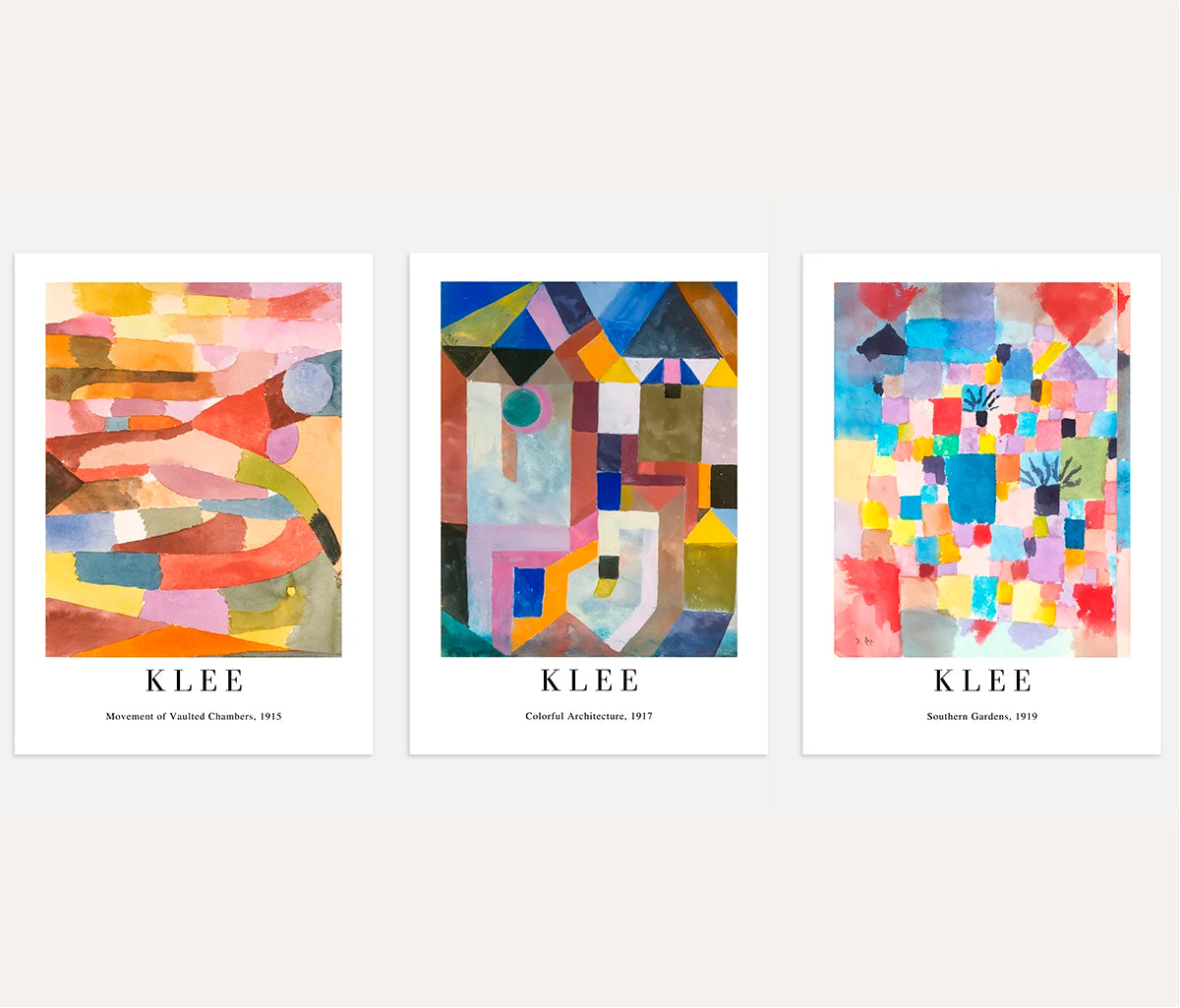 Paul Klee abstract art poster set of 3 with colorful Bauhaus style compositions