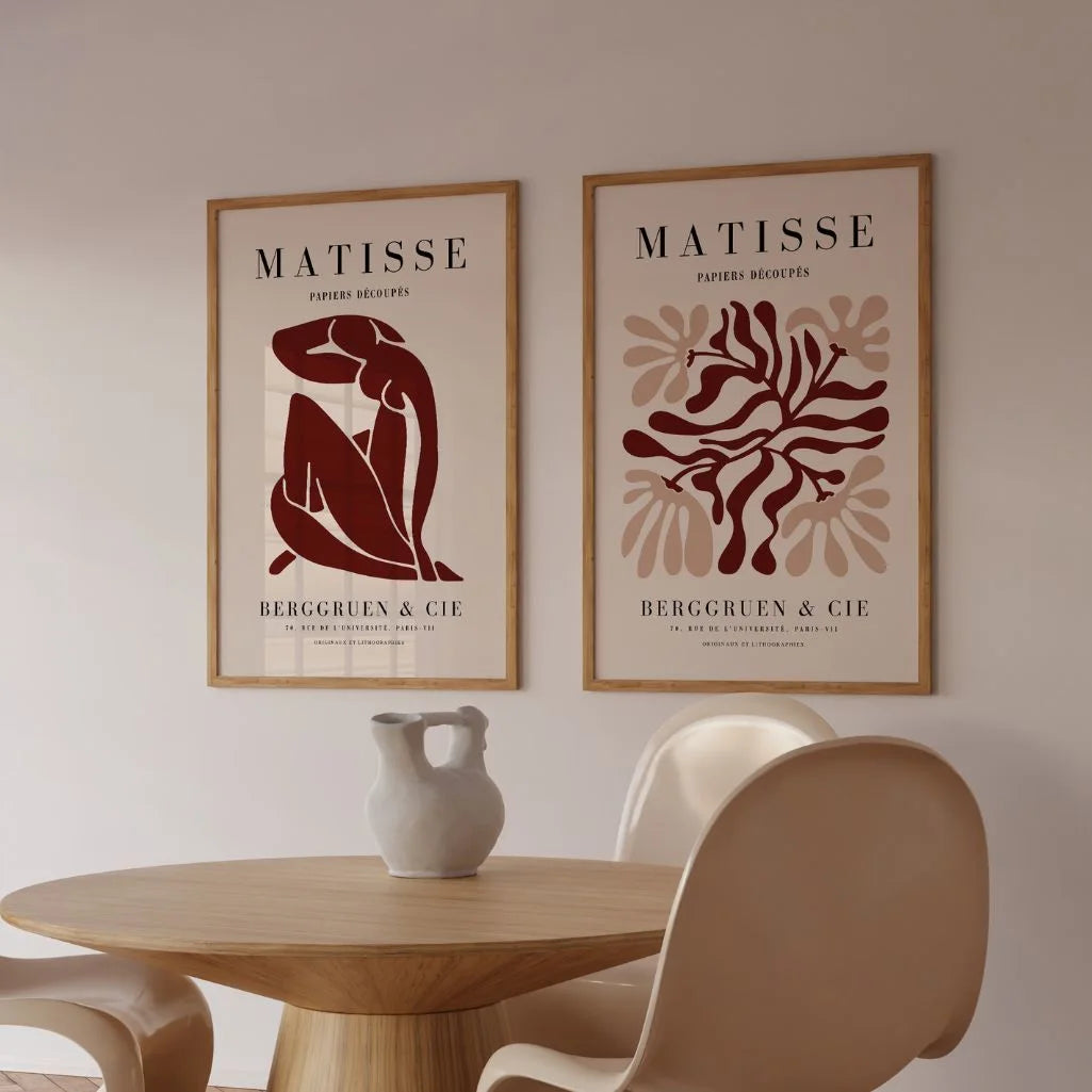 Set of 2 red abstract posters styled in modern living room with minimalist decor