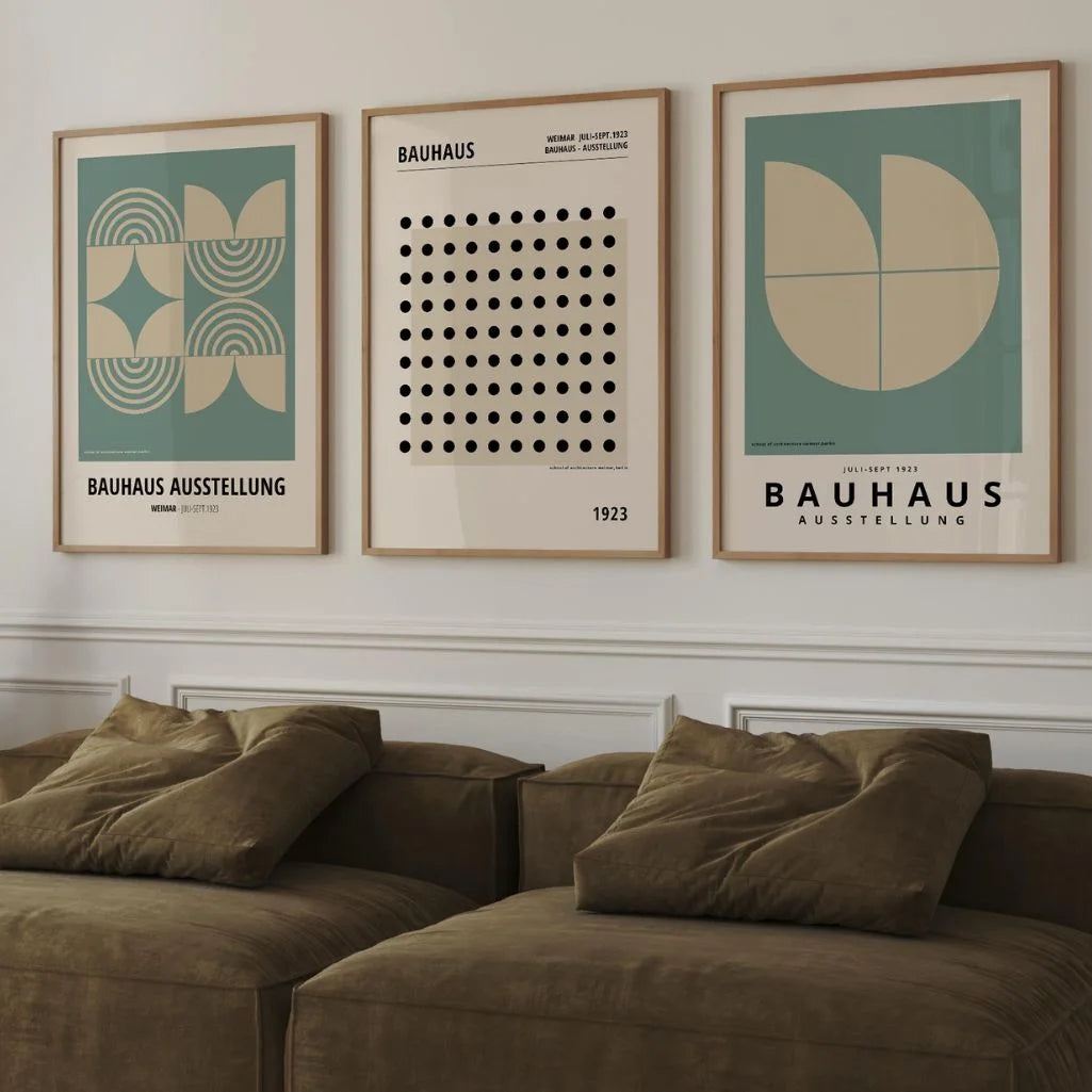 sage green and beige bauhaus geometric poster set arranged in modern gallery wall