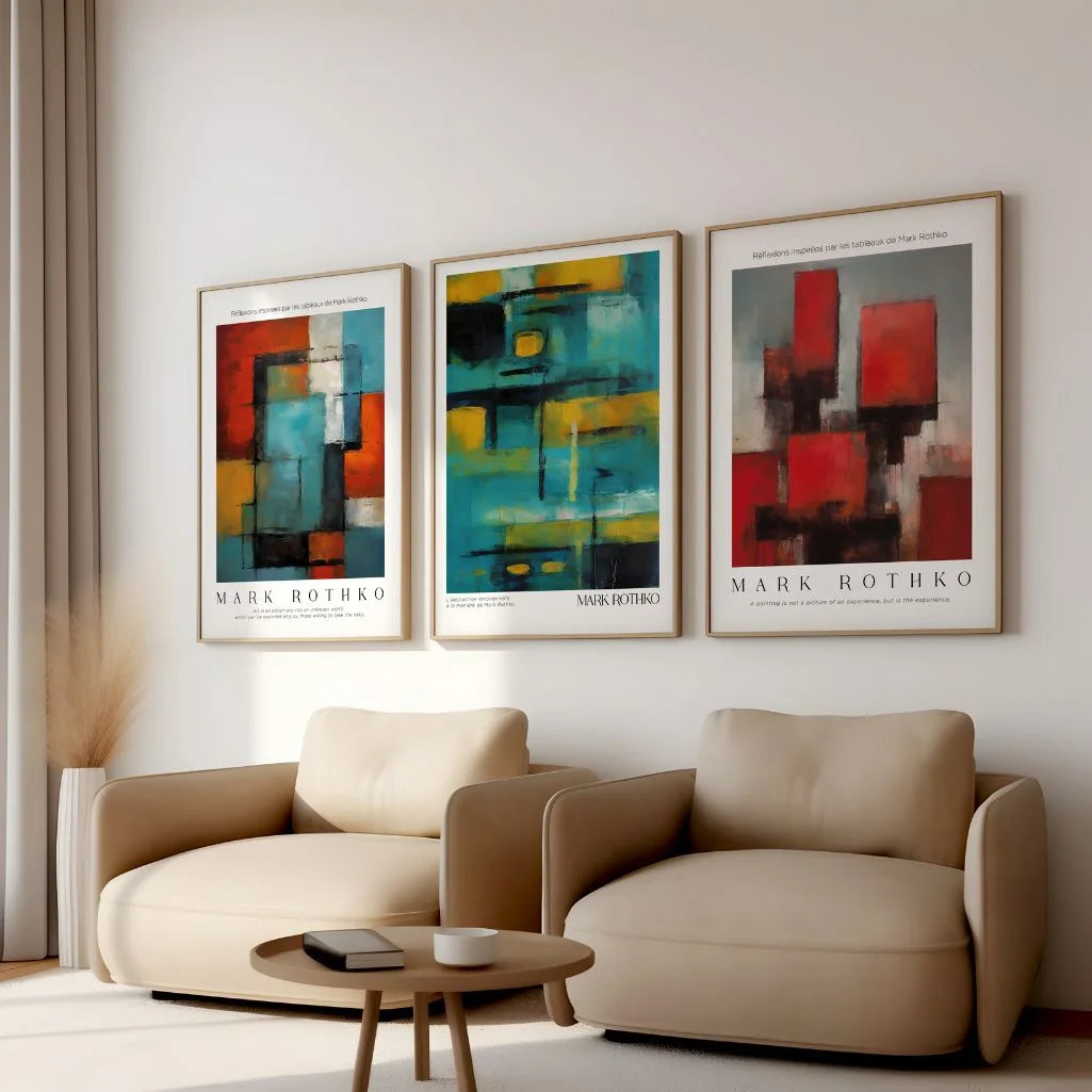 rothko inspired abstract poster set of 3 with red turquoise yellow color composition wall art
