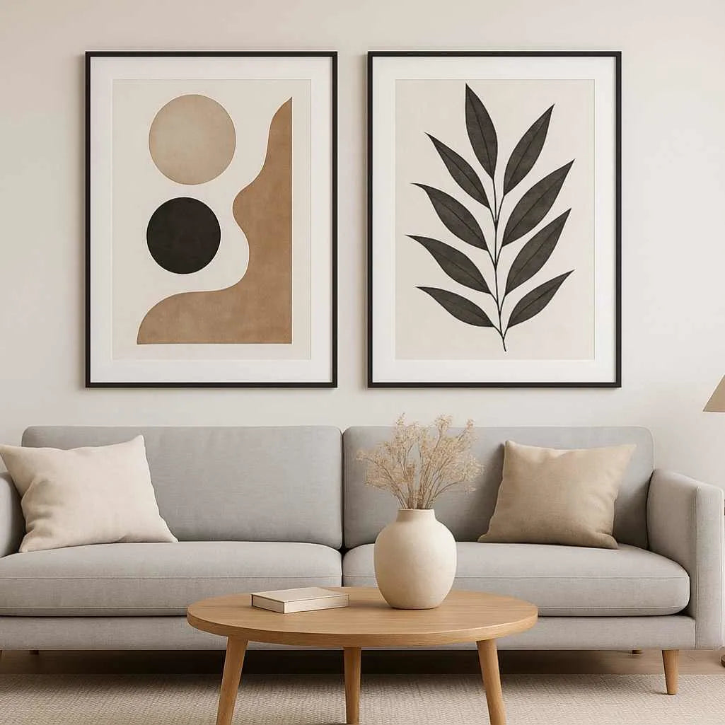 set of 2 minimalist wall art posters in frames above sofa in neutral living room interior with modern decor