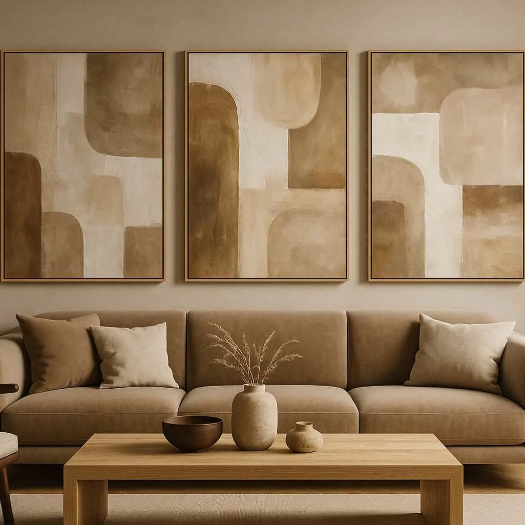 set of 3 abstract wall art posters in frames above sofa in neutral minimalist living room interior