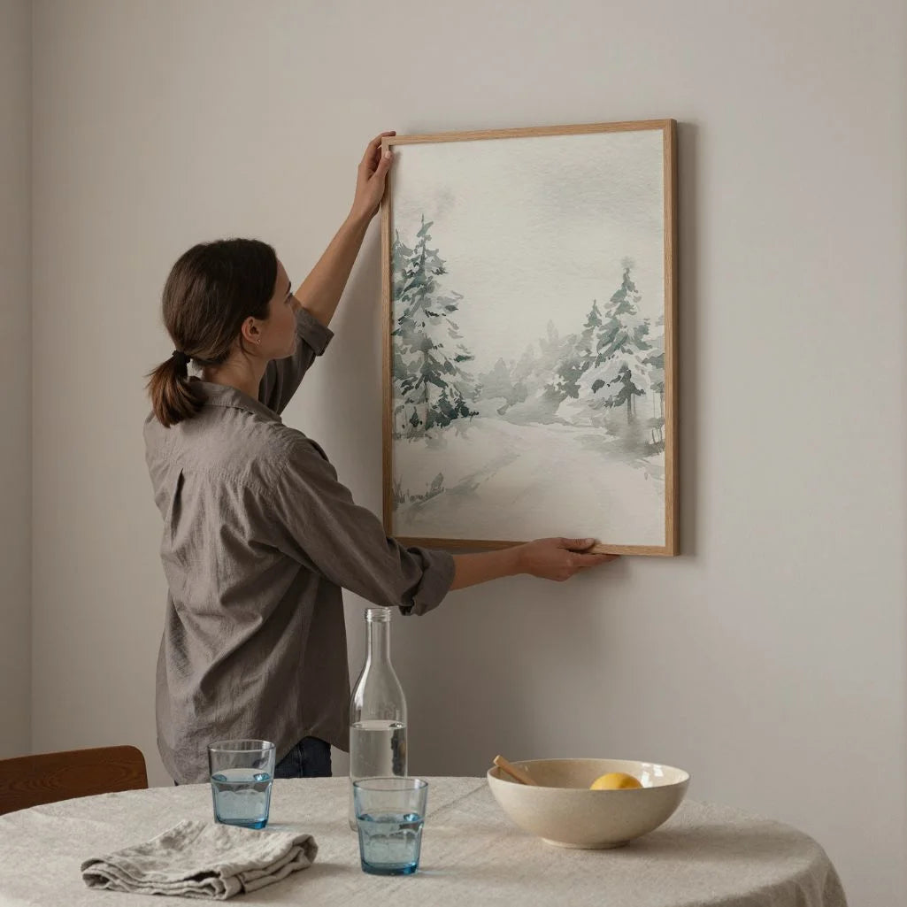 Winter forest path poster styled in calm minimalist bedroom interior