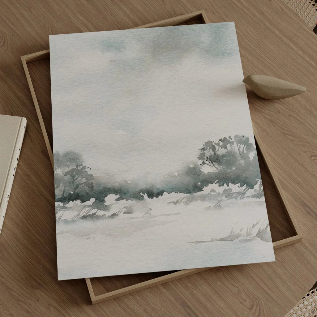 Close up of winter landscape poster showing soft snow tones and horizon