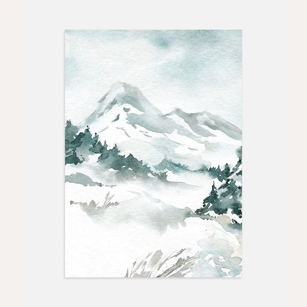 Snowy mountain peaks watercolor poster with alpine winter landscape