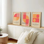 soft geometric bauhaus wall art set in warm minimalist bedroom