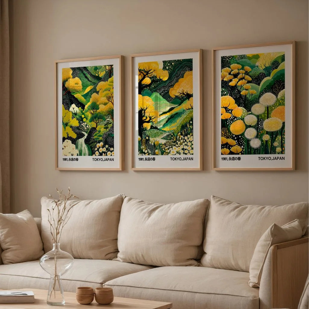 Gallery wall with yellow and green spring floral poster set of 3, modern Japanese nature inspired wall art layout