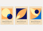 bauhaus poster set of 3 with orange cream navy and light blue geometric arcs and overlapping shapes