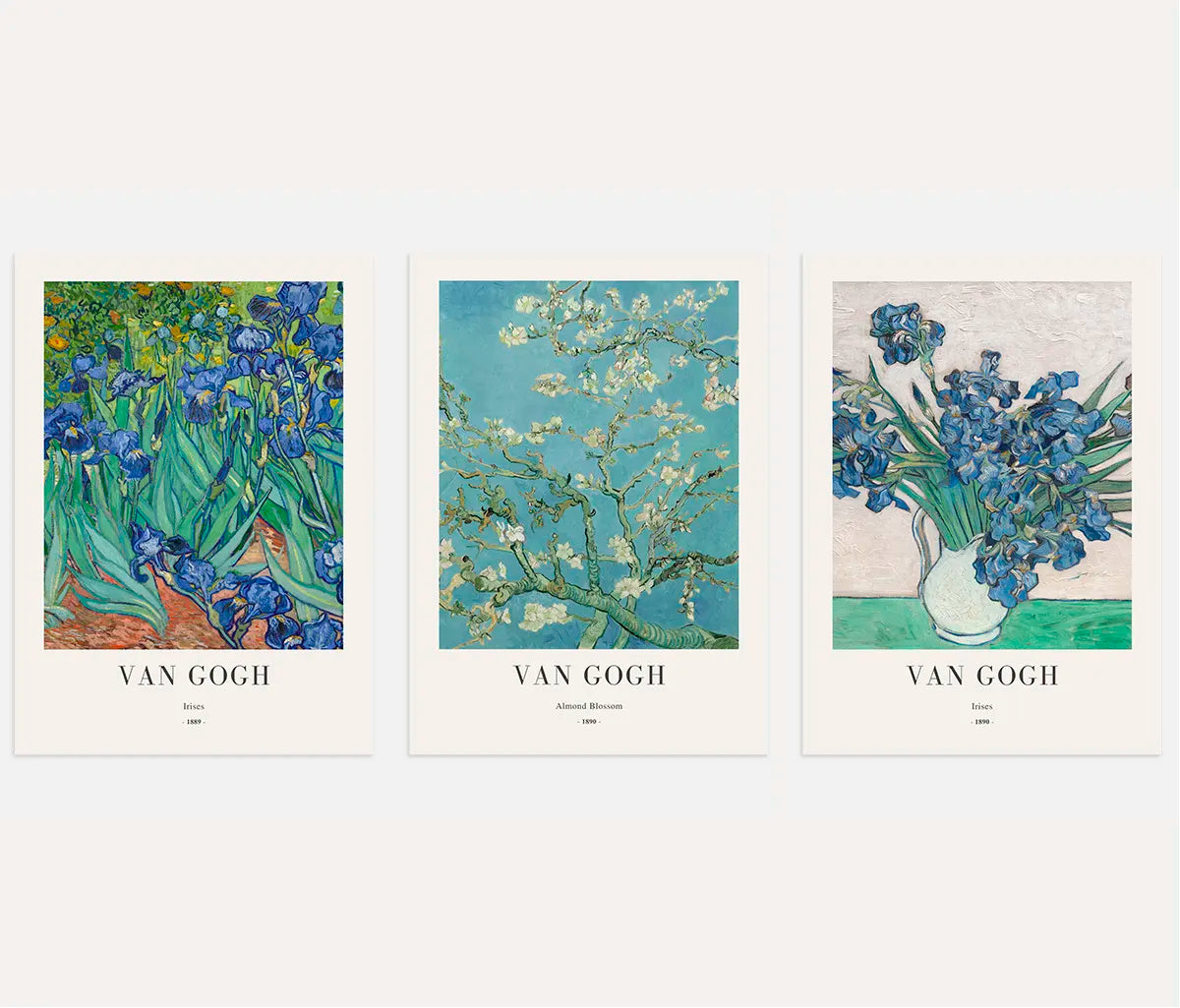 Vincent van Gogh blue floral poster set with irises and almond blossom wall art