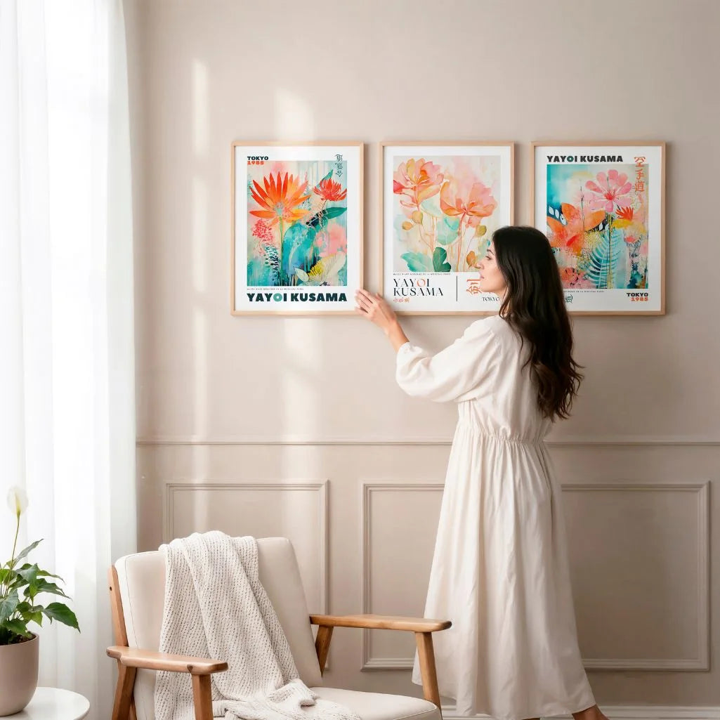 modern abstract floral poster set of 3 vibrant orange turquoise wall art