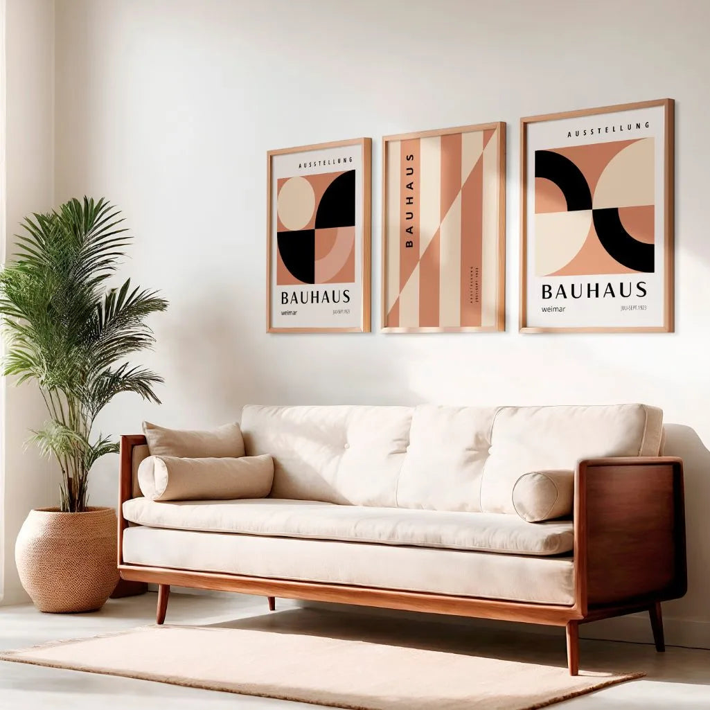 brown and beige bauhaus poster set in cozy minimalist bedroom interior