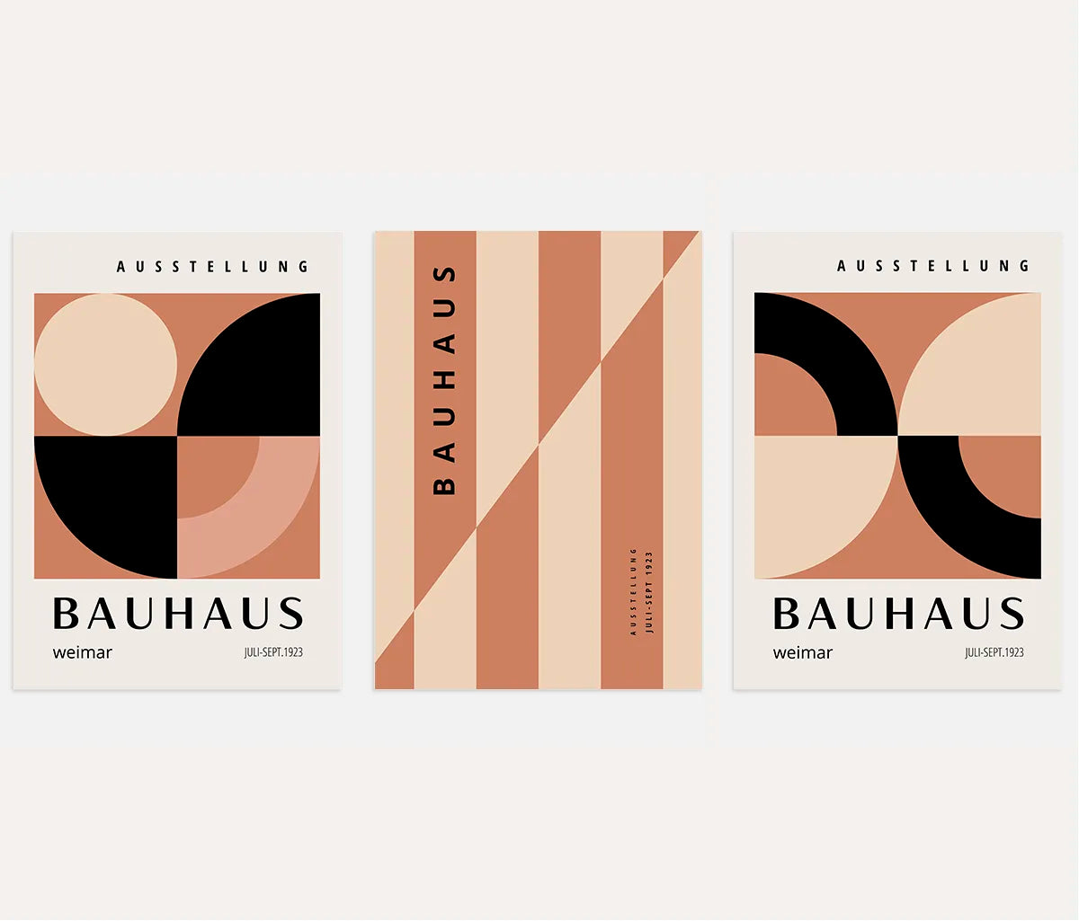 bauhaus poster set of 3 with brown cream and black geometric semicircles and bands