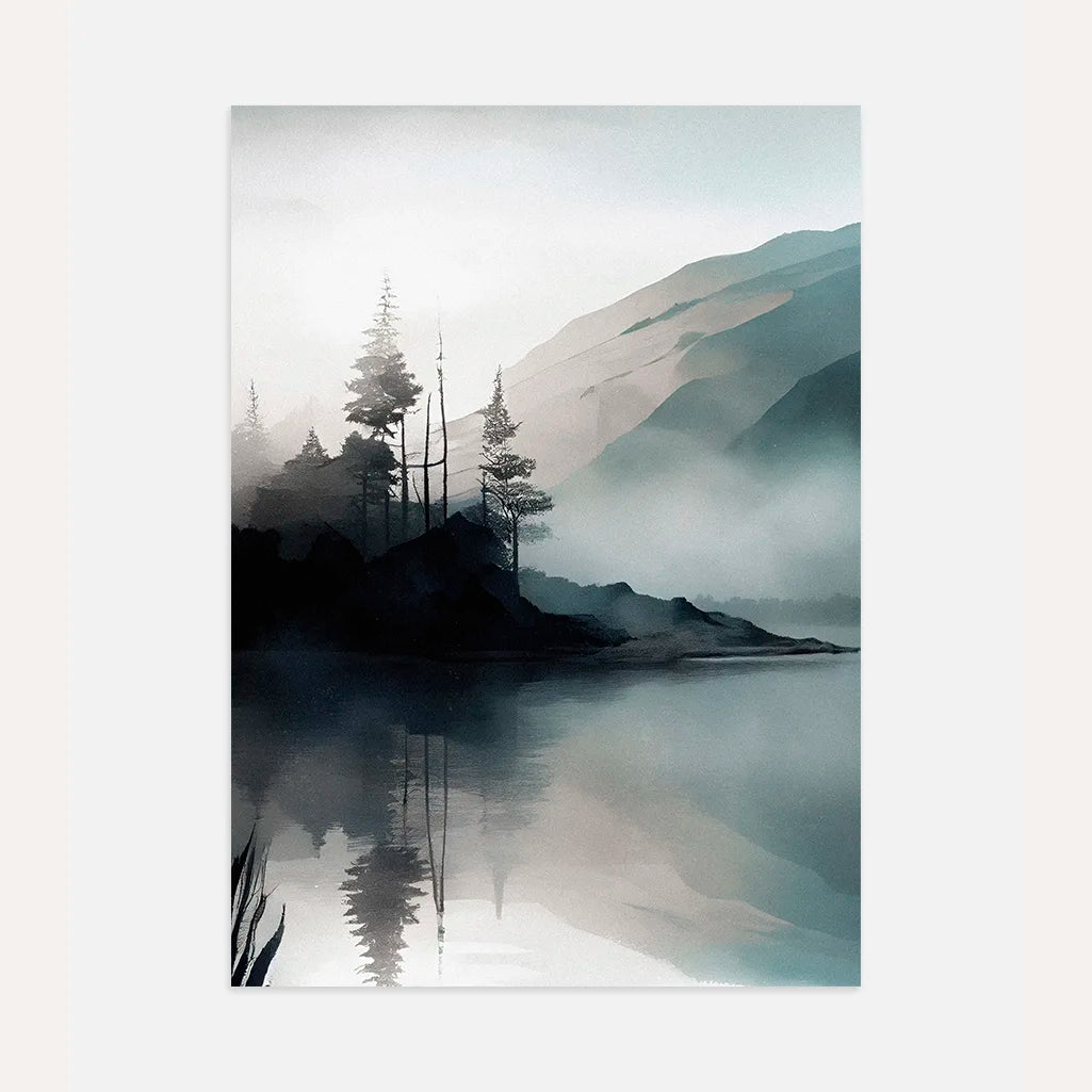 Watercolor forest island poster with trees emerging from lake and soft natural layers
