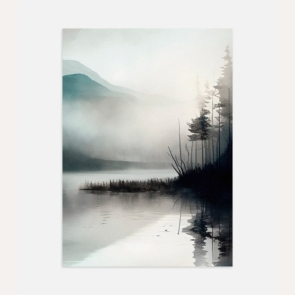 Watercolor lake reflection poster with calm water and soft natural tones