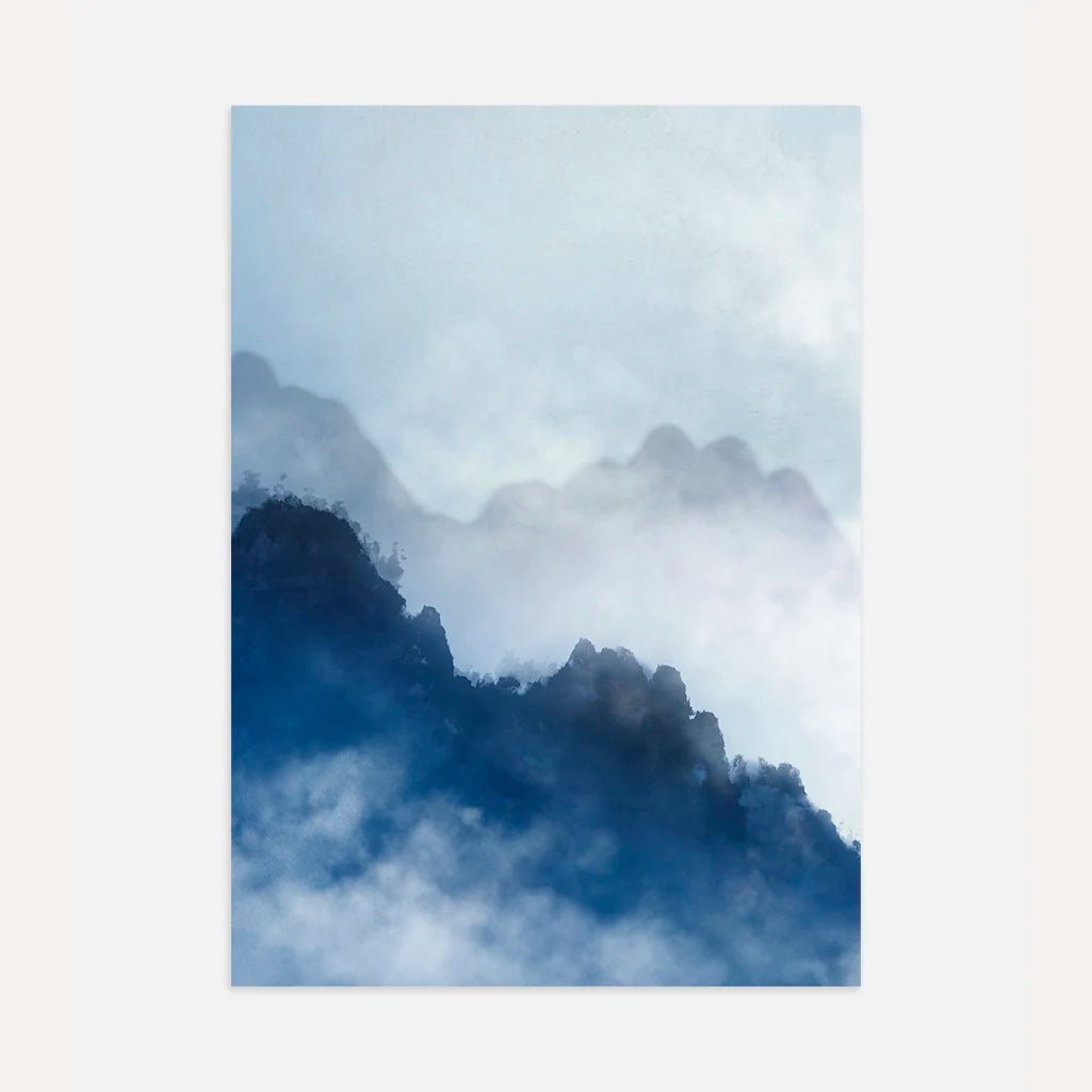 Watercolor landscape II poster with blue mountain horizon and soft mist layers