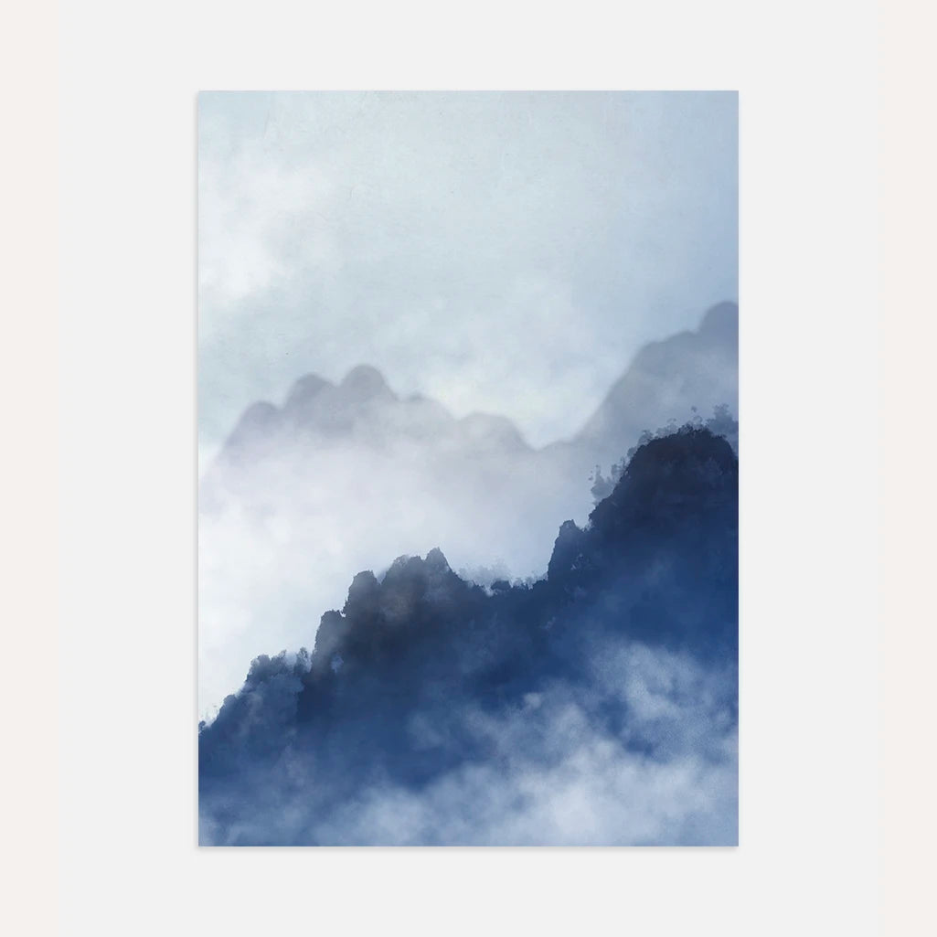 Watercolor landscape III poster with layered blue mountains and dense mist