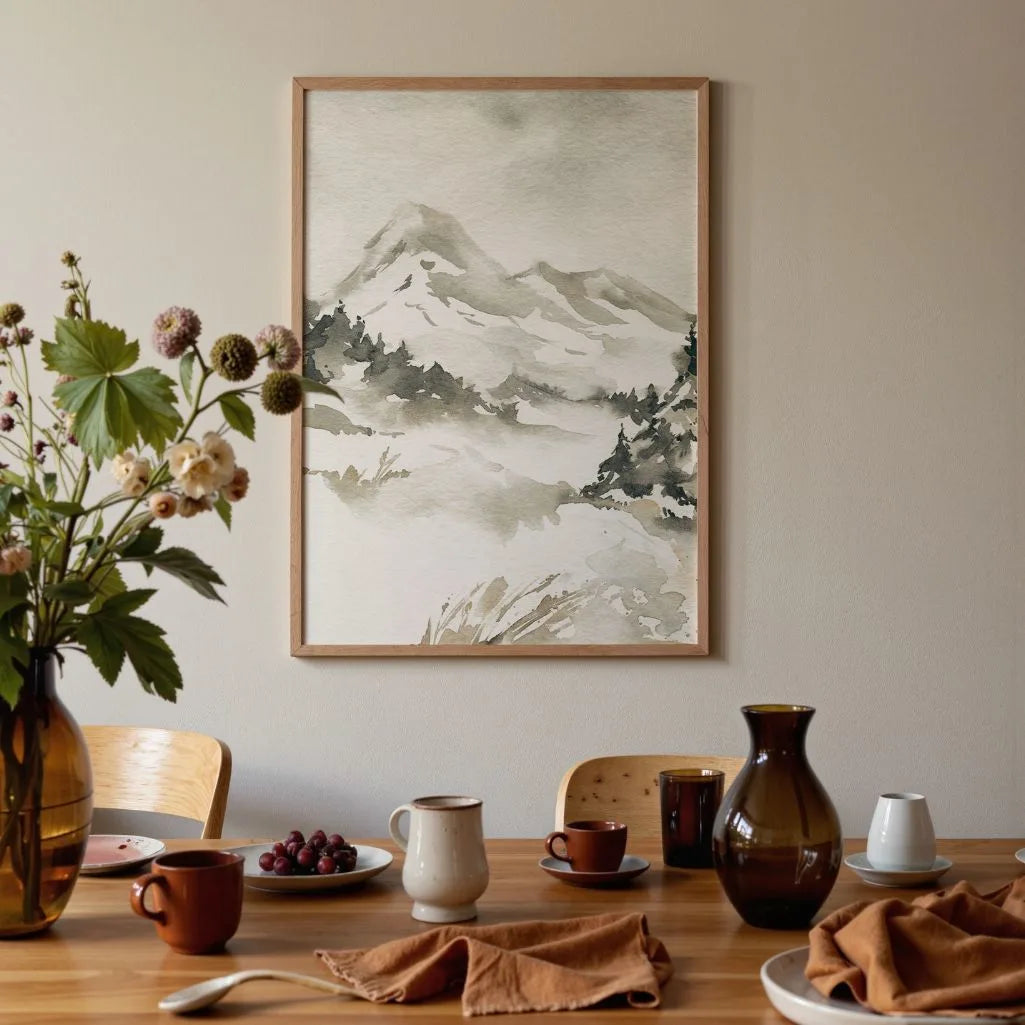 watercolor mountains poster living room beige decor
