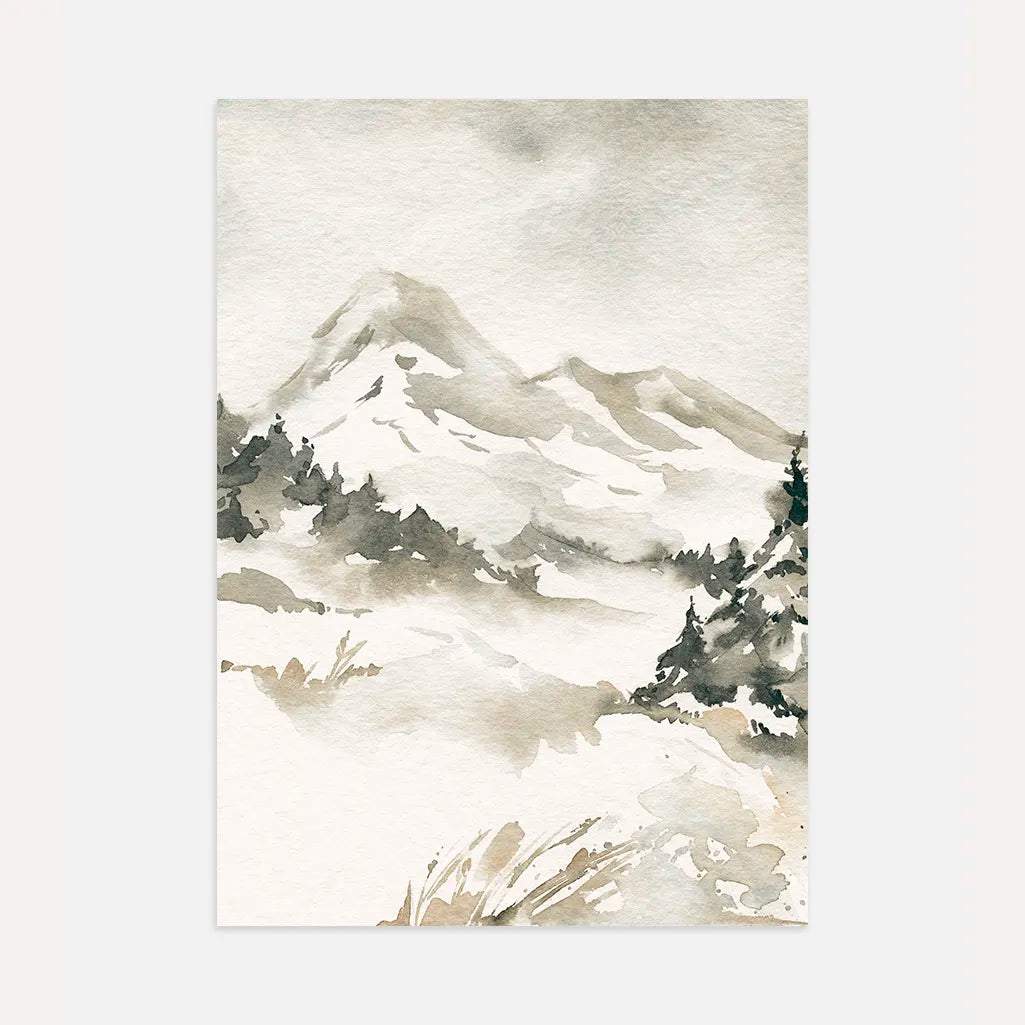 watercolor mountains poster neutral landscape wall art