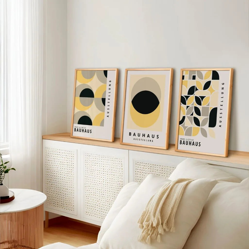 yellow bauhaus poster set arranged in modern gallery wall