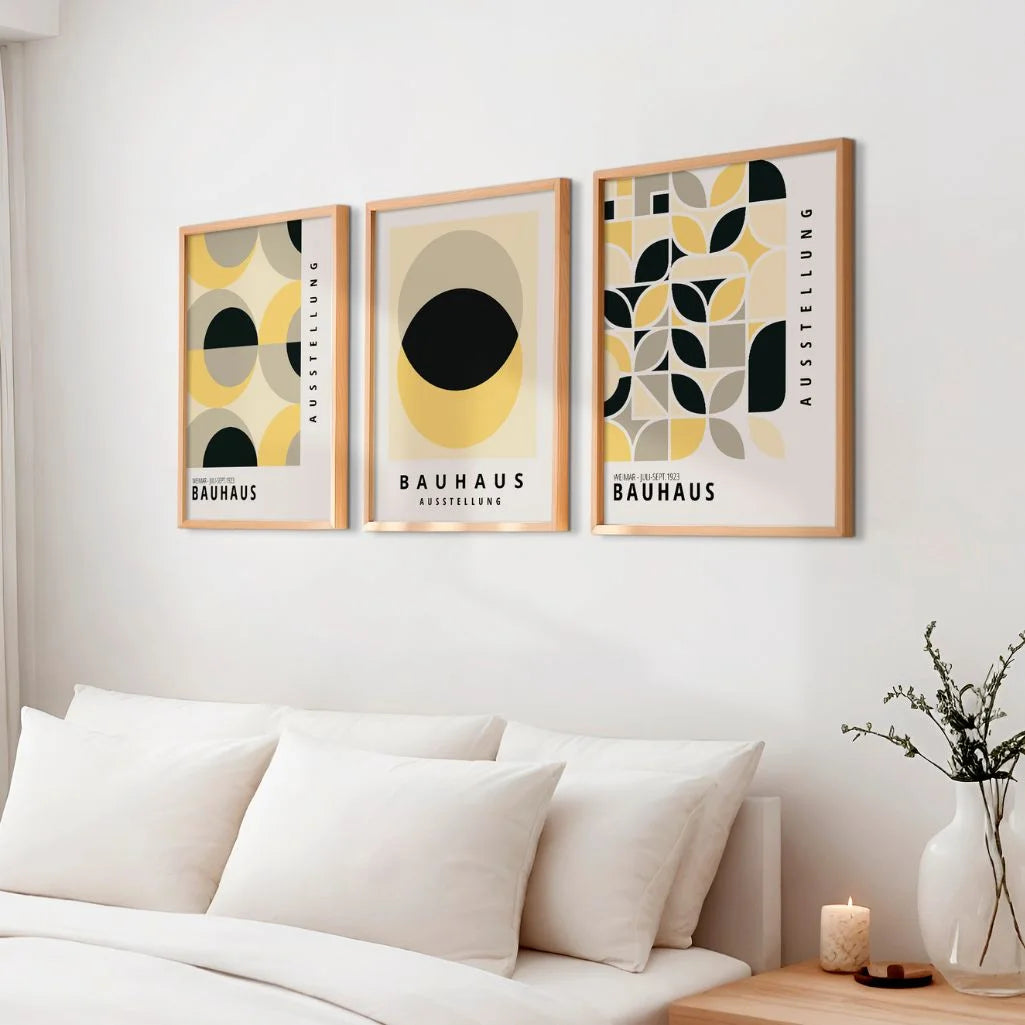 yellow bauhaus wall art set in modern minimalist living room