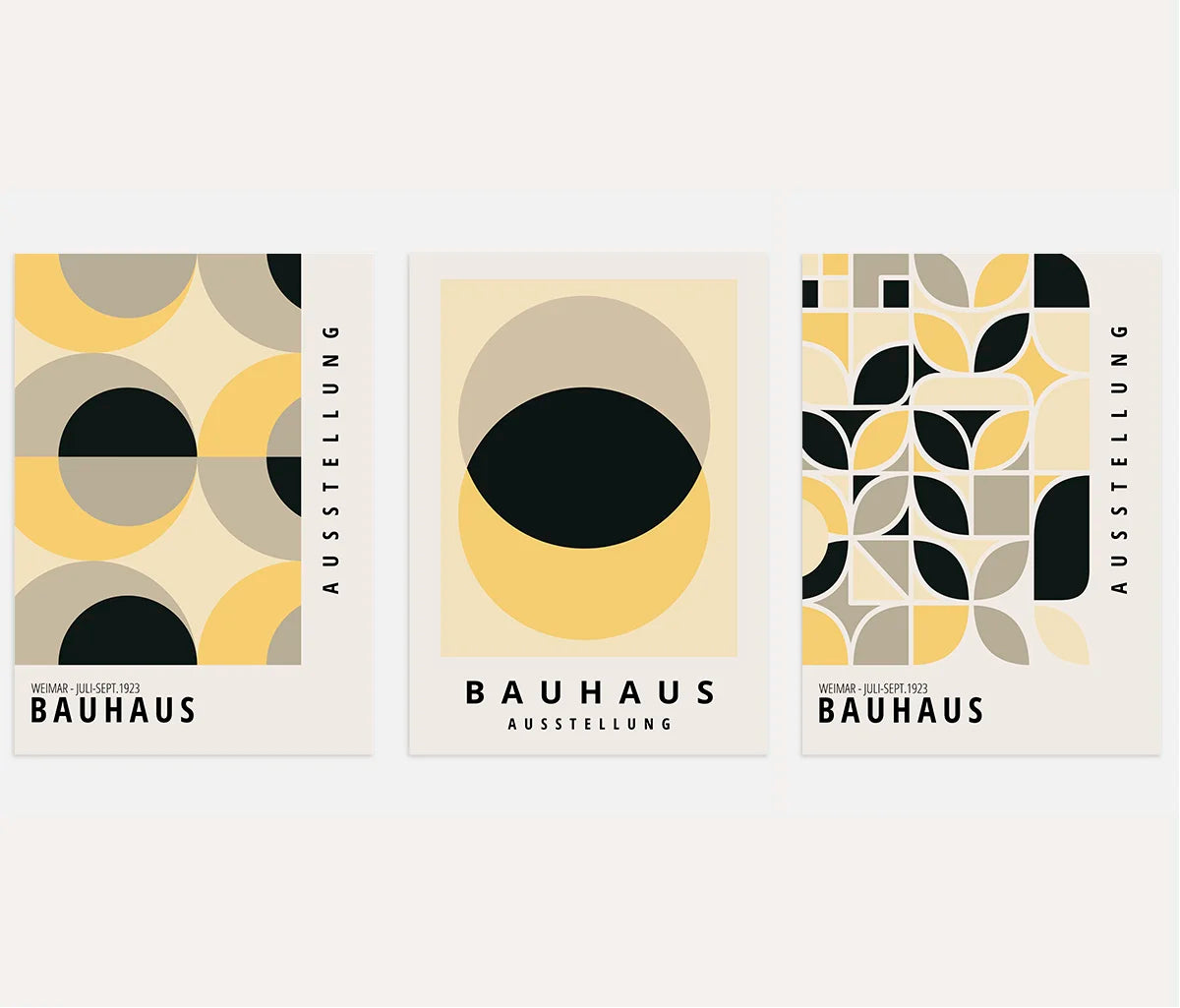 bauhaus poster set of 3 with yellow geometric circles and balanced modern composition