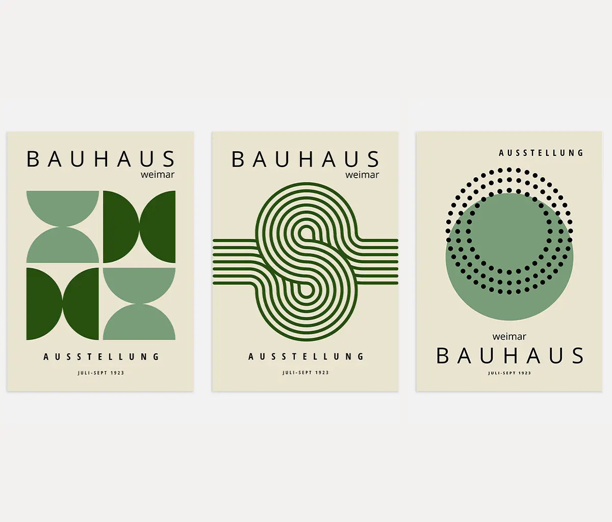bauhaus poster set of 3 with green organic geometric rhythm