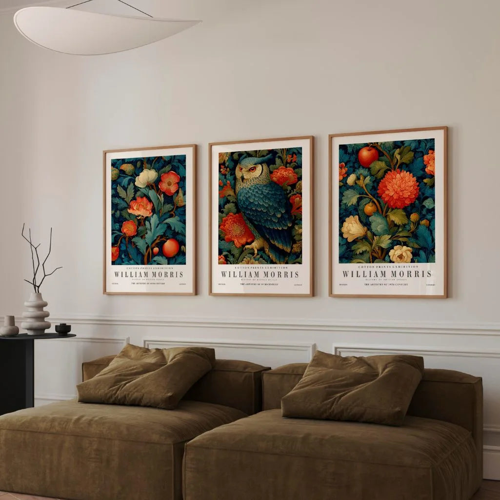 William Morris owl and floral wall art set with rich colors for elegant decor