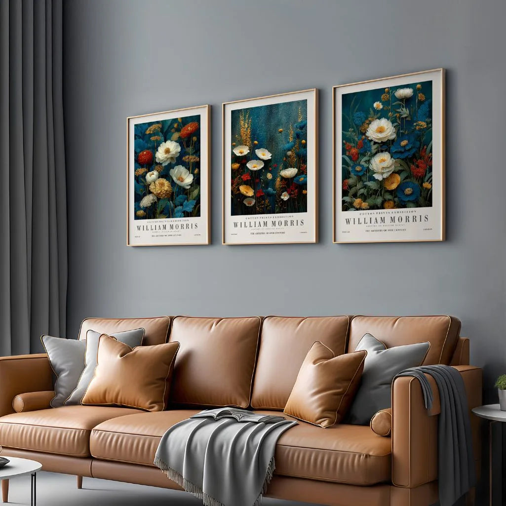 William Morris botanical poster set with blue flowers on dark background for wall art