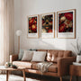 William Morris botanical poster set with red flowers and bee on dark background for wall art
