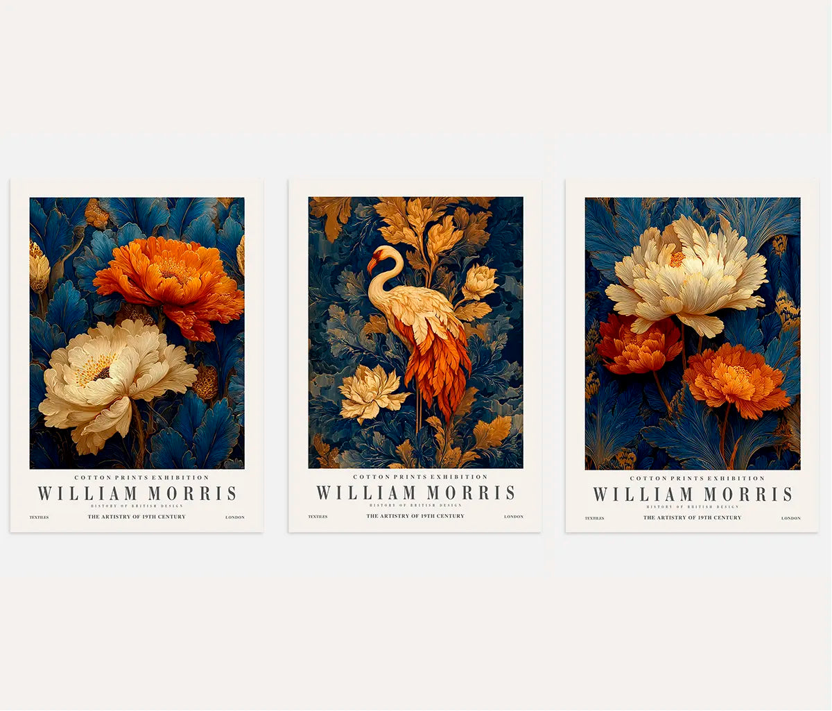 William Morris crane and flower poster set of 3 in dark blue botanical wall art