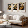 William Morris luxury botanical poster set with bee and flowers in gold and navy tones