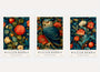 William Morris owl and flower poster set of 3 with dark blue botanical wall art