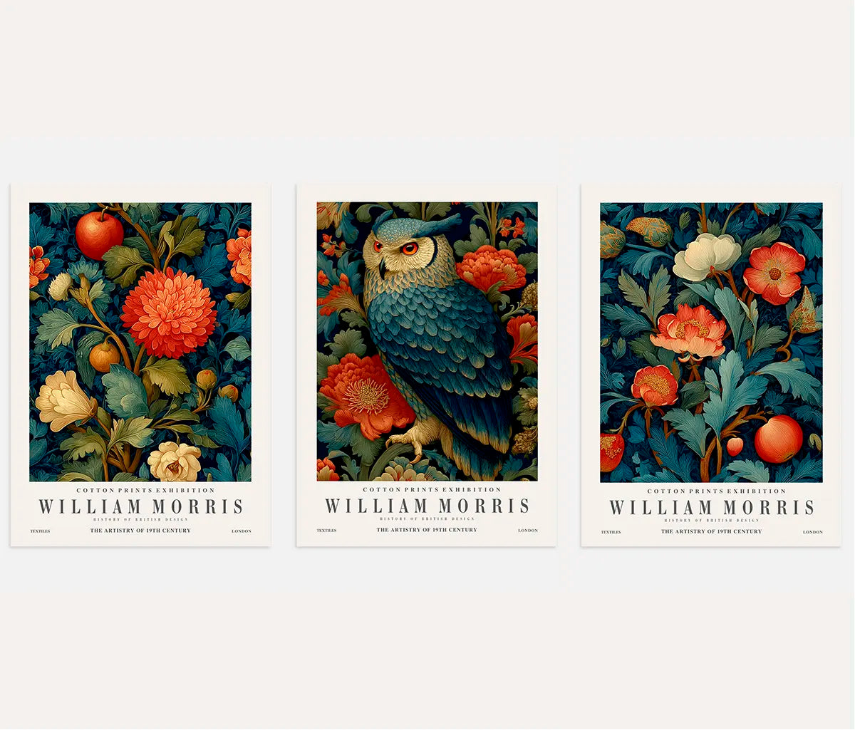William Morris owl and flower poster set of 3 with dark blue botanical wall art