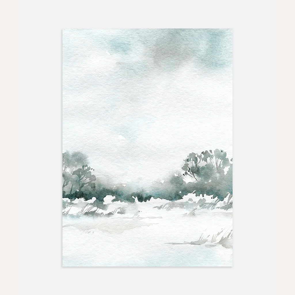 Winter white landscape poster with open snow field and minimalist tree line