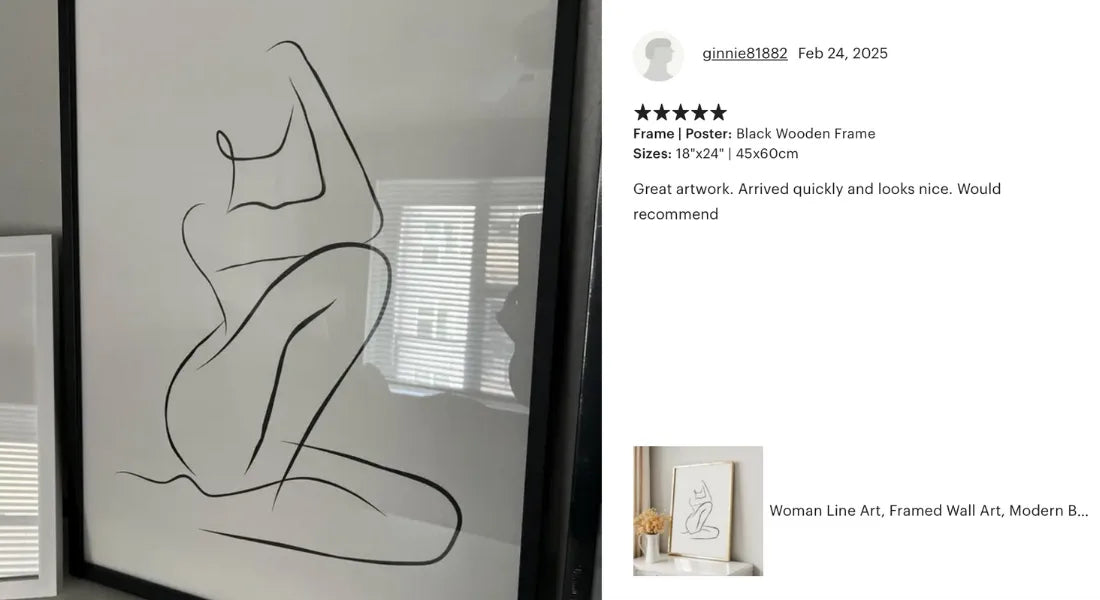 minimalist woman line art framed poster black and white wall art in real customer home modern decor