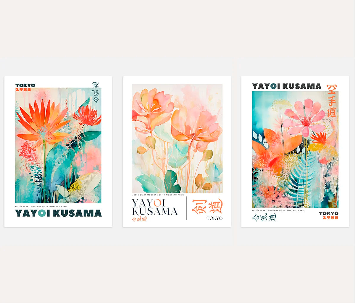 yayoi kusama inspired colorful floral poster set of 3 orange turquoise pink wall decor