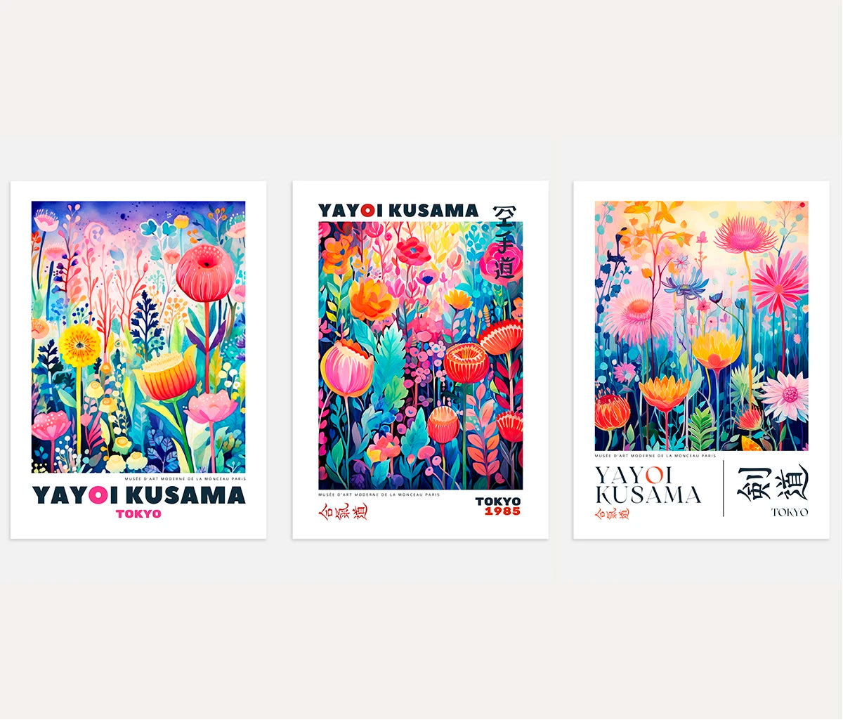 Yayoi Kusama colorful flower poster set of 3 with bright garden floral wall art