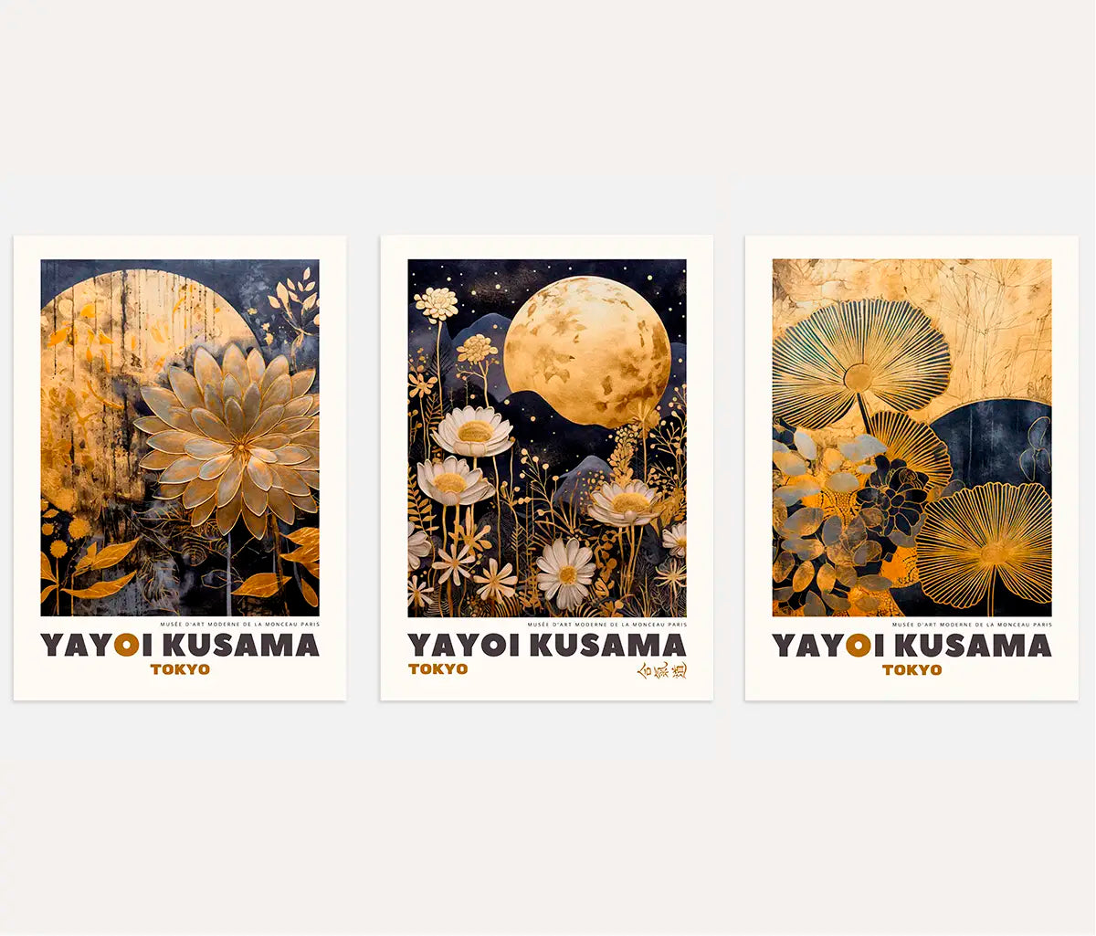 Yayoi Kusama night floral poster set of 3 with gold flowers and moon dark wall art