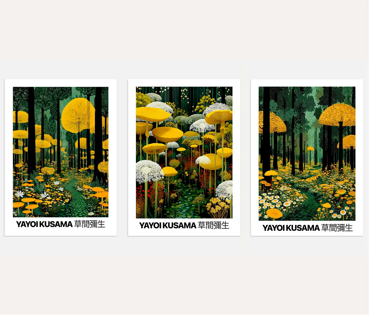 Yayoi Kusama poster set of 3 with yellow flowers in green forest landscape wall art