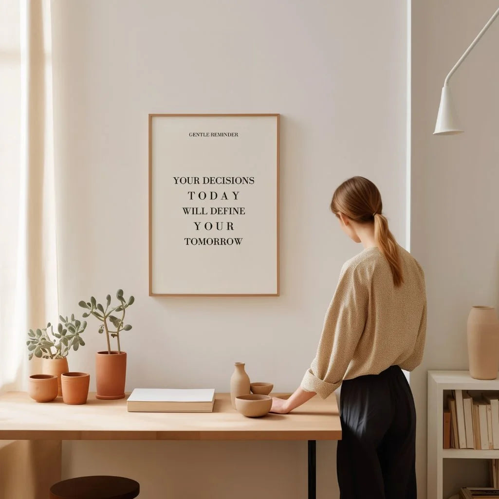 minimalist typography poster in modern home office workspace